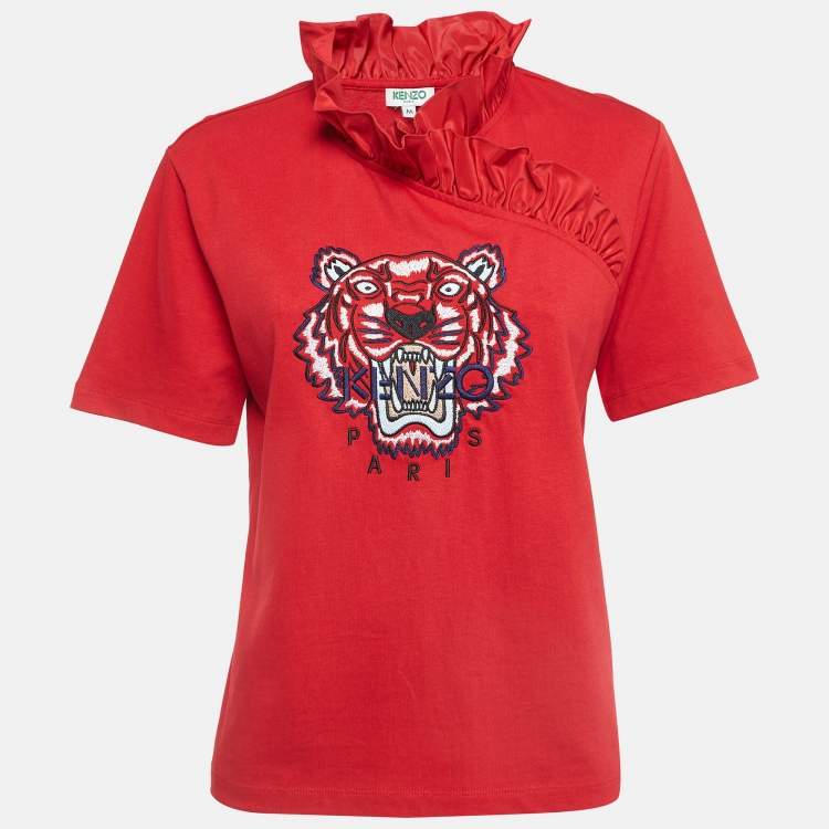 Pre Owned Kenzo Red Tiger Logo Embroidered Cotton Ruffle Neck T-Shirt M