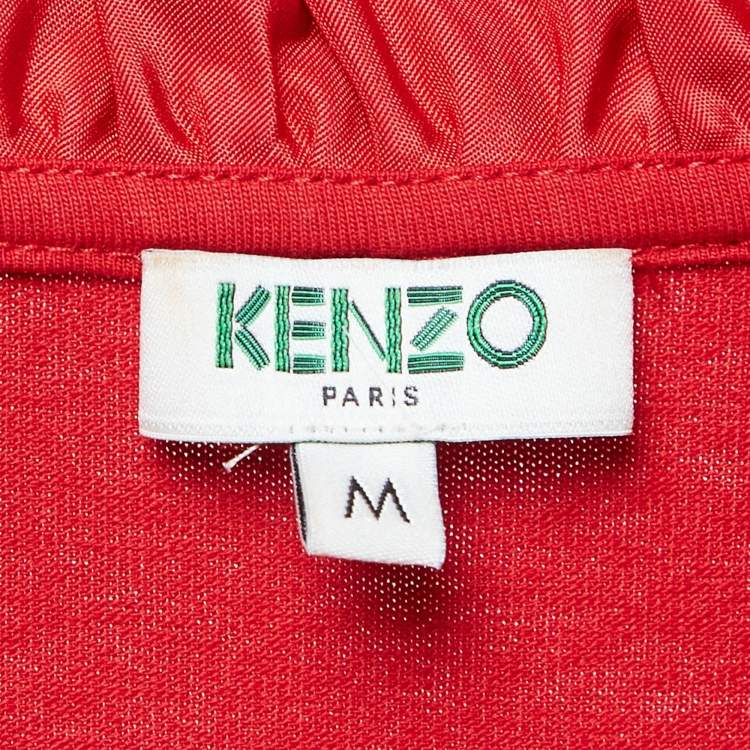 Pre Owned Kenzo Red Tiger Logo Embroidered Cotton Ruffle Neck T-Shirt M