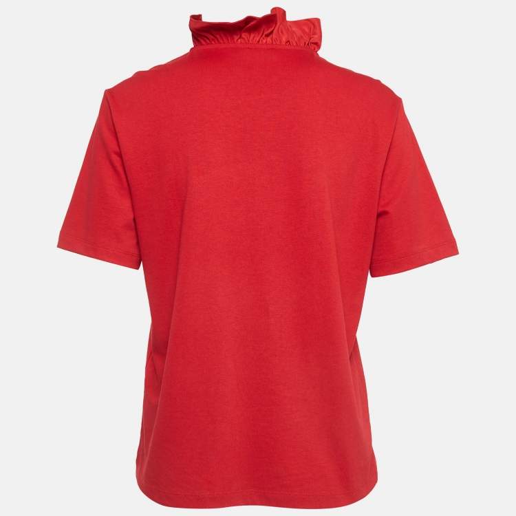 Pre Owned Kenzo Red Tiger Logo Embroidered Cotton Ruffle Neck T-Shirt M