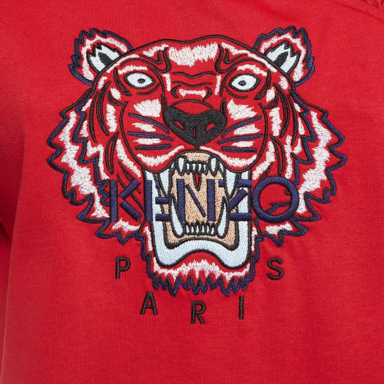 Pre Owned Kenzo Red Tiger Logo Embroidered Cotton Ruffle Neck T-Shirt M