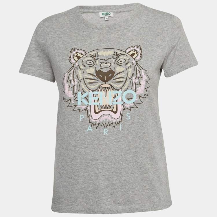 Pre Owned Kenzo Grey Classic Tiger Print Cotton Knit Crew Neck T-shirt M