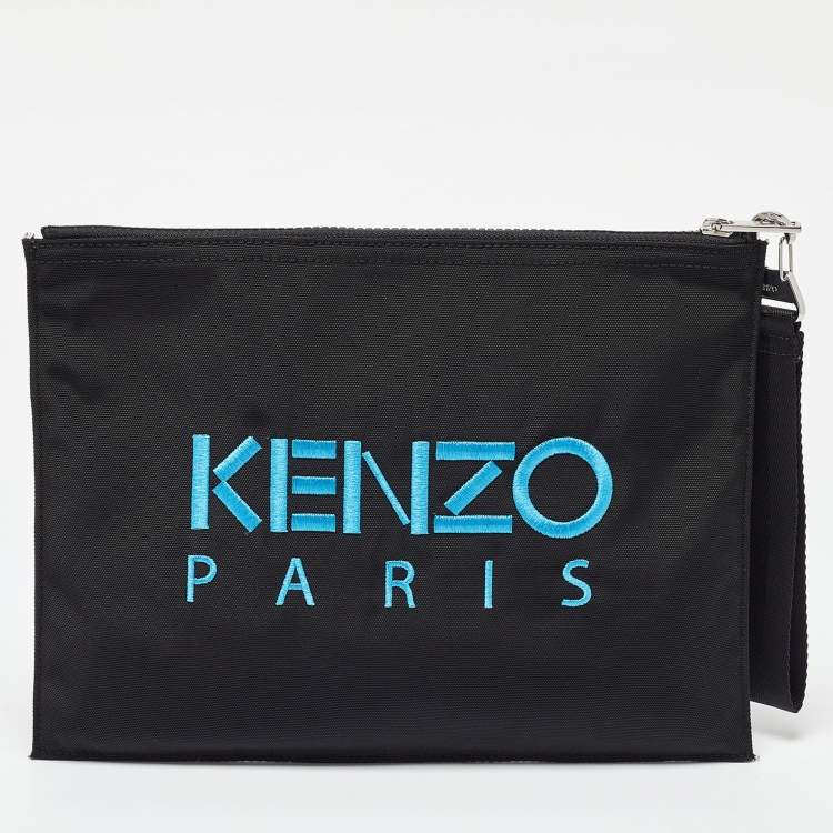 Pre Owned Kenzo Black Tiger Embroidered Leather Zip Flat Pouch