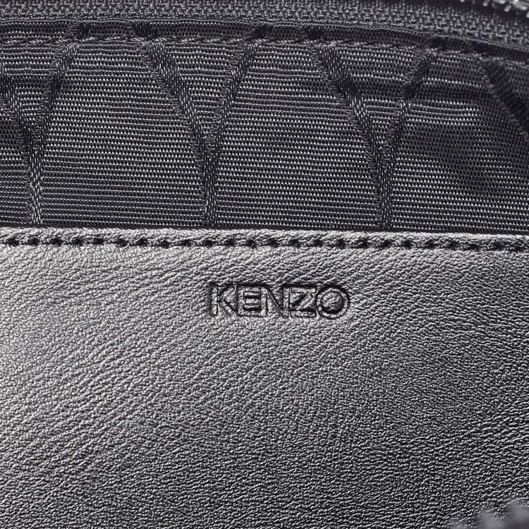 Pre Owned Kenzo Black Tiger Embroidered Leather Zip Flat Pouch