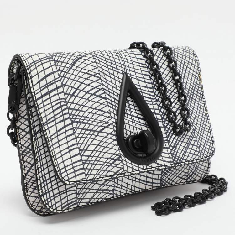 Pre Owned Kenzo White/Black Printed Leather Raindrop Shoulder Bag