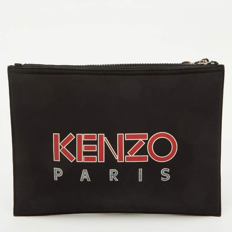 Pre Owned Kenzo Black Fabric Tiger Print Flat Zip Pouch