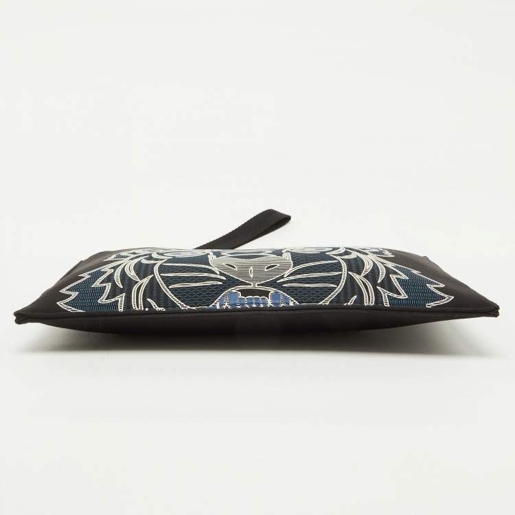 Pre Owned Kenzo Black Fabric Tiger Print Flat Zip Pouch