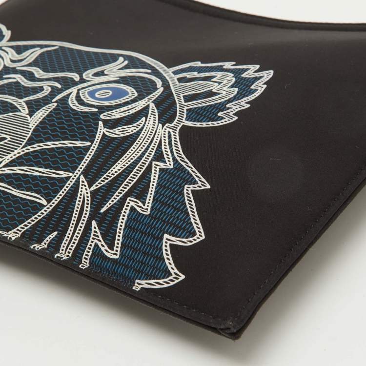 Pre Owned Kenzo Black Fabric Tiger Print Flat Zip Pouch