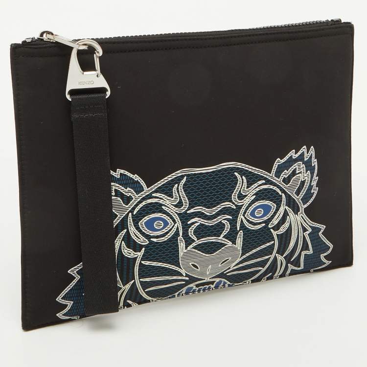 Pre Owned Kenzo Black Fabric Tiger Print Flat Zip Pouch