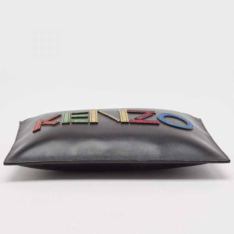 Pre Owned Kenzo Black Leather Logo Flat Zip Pouch
