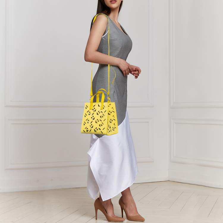 Pre Owned Kenzo Yellow Laser Cut Leather Mini Flying Logo Tote