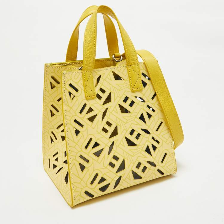 Pre Owned Kenzo Yellow Laser Cut Leather Mini Flying Logo Tote