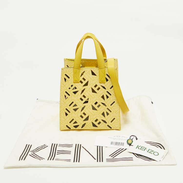 Pre Owned Kenzo Yellow Laser Cut Leather Mini Flying Logo Tote