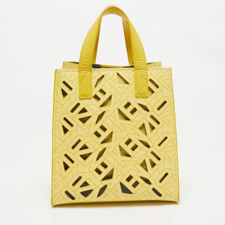 Pre Owned Kenzo Yellow Laser Cut Leather Mini Flying Logo Tote