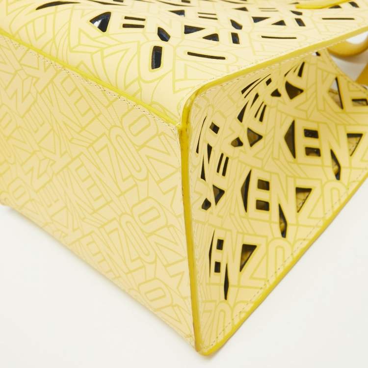 Pre Owned Kenzo Yellow Laser Cut Leather Mini Flying Logo Tote