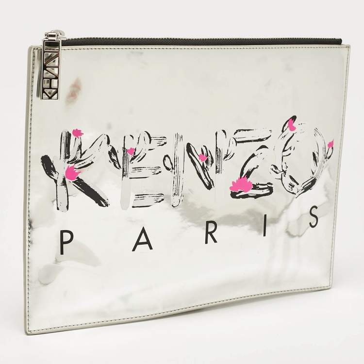 Pre Owned Kenzo Silver Patent Leather Logo Printed Zip Pouch