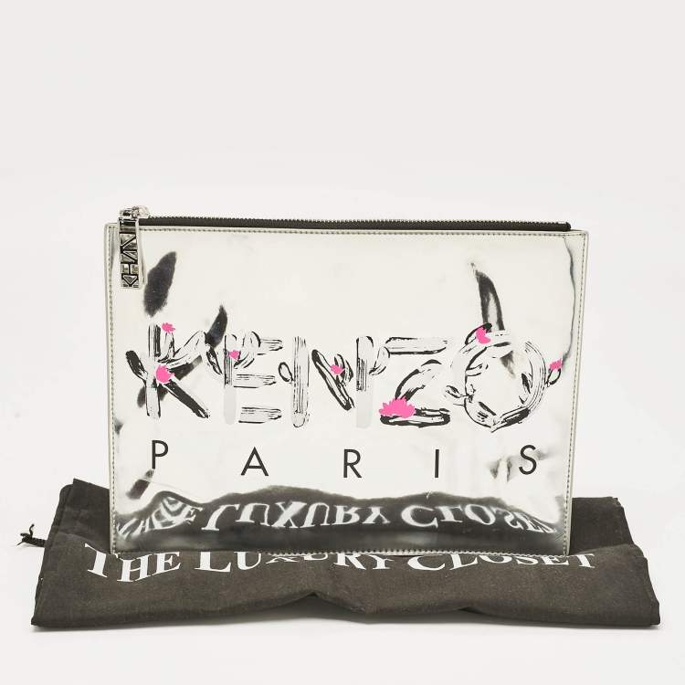 Pre Owned Kenzo Silver Patent Leather Logo Printed Zip Pouch