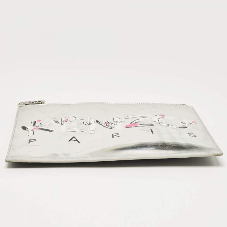 Pre Owned Kenzo Silver Patent Leather Logo Printed Zip Pouch