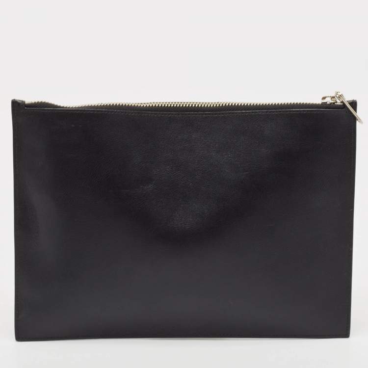 Pre Owned Kenzo Black Leather Logo Zipped Pouch