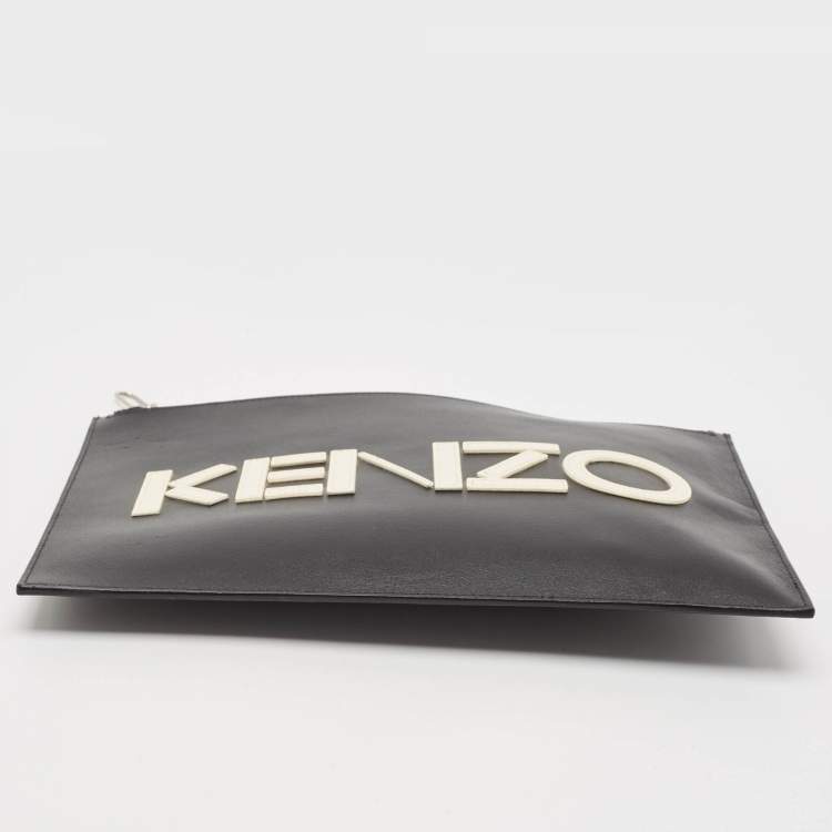 Pre Owned Kenzo Black Leather Logo Zipped Pouch
