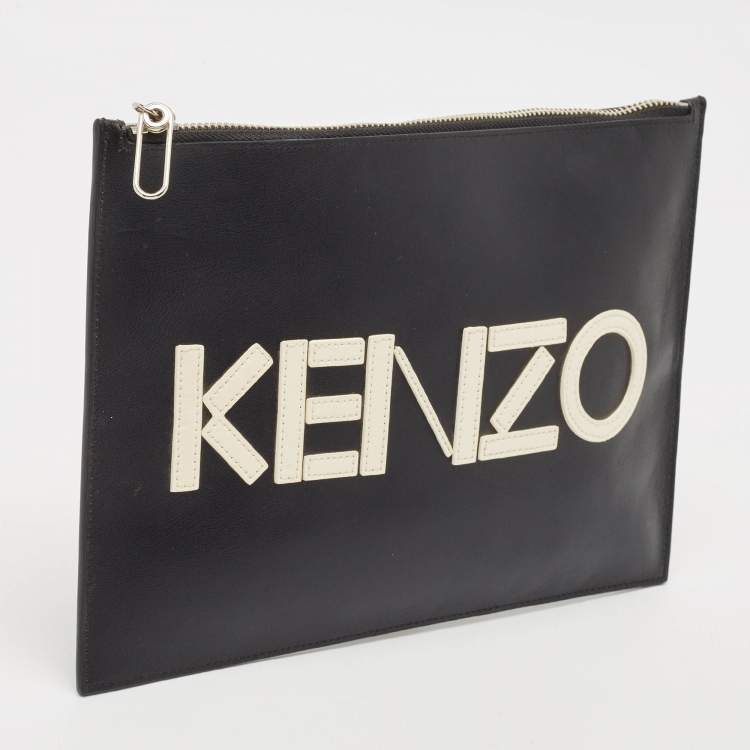 Pre Owned Kenzo Black Leather Logo Zipped Pouch