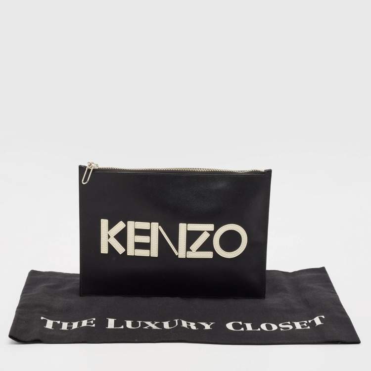 Pre Owned Kenzo Black Leather Logo Zipped Pouch