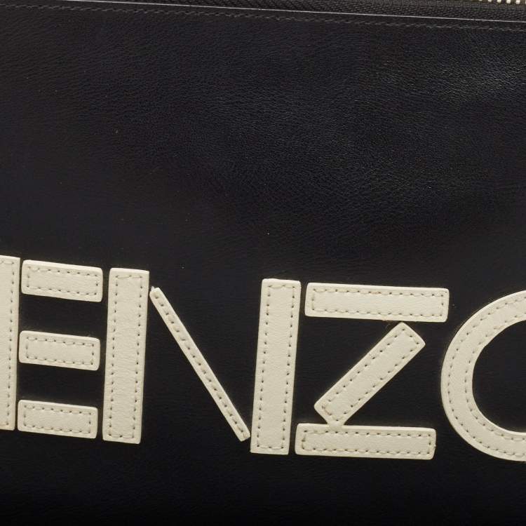 Pre Owned Kenzo Black Leather Logo Zipped Pouch