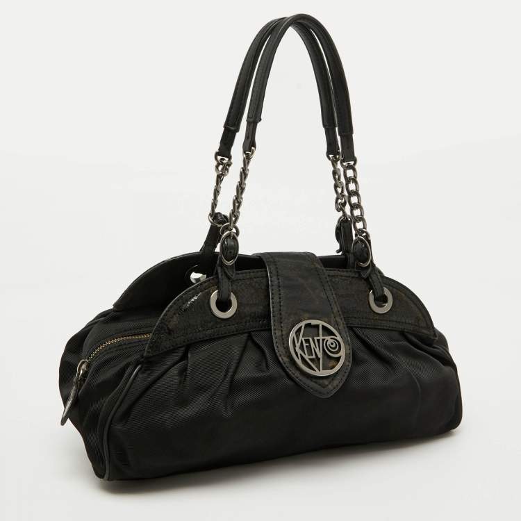 Pre Owned Kenzo Black Nylon and Leather Flap Frame Satchel