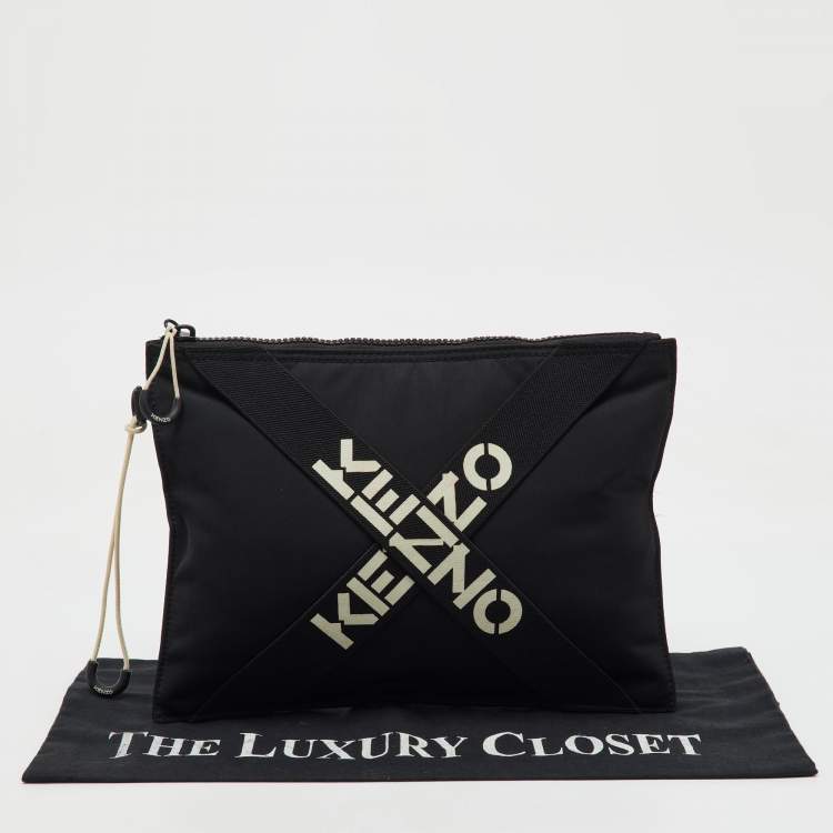 Pre Owned Kenzo Black Fabric Criss Cross Logo Print Zip Pouch