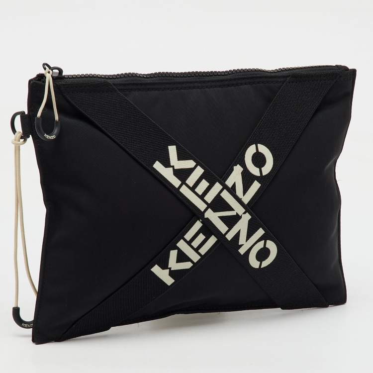 Pre Owned Kenzo Black Fabric Criss Cross Logo Print Zip Pouch