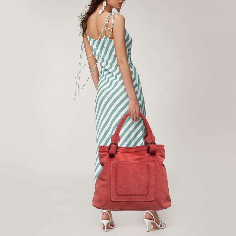 Pre Owned Kenzo Brick Red Suede Buckle Handle Shopper Tote