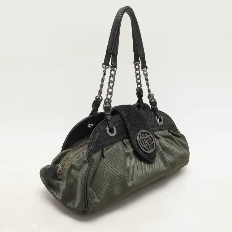 Pre Owned Kenzo Green/Black Nylon and Leather Satchel