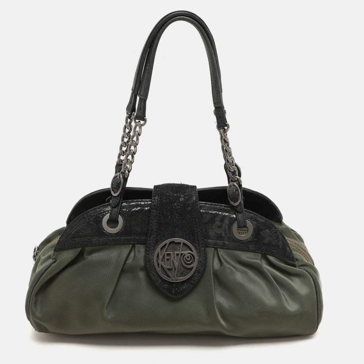 Pre Owned Kenzo Green/Black Nylon and Leather Satchel