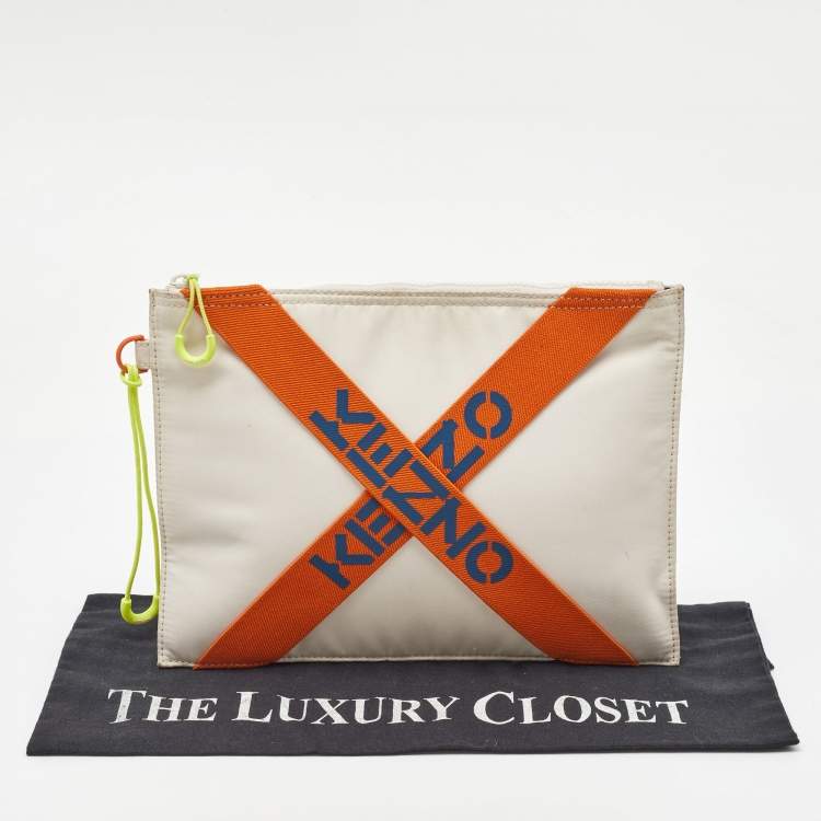 Pre Owned Kenzo Cream/Orange Criss Cross Logo Print Nylon Zip Pouch
