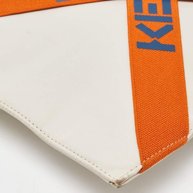 Pre Owned Kenzo Cream/Orange Criss Cross Logo Print Nylon Zip Pouch