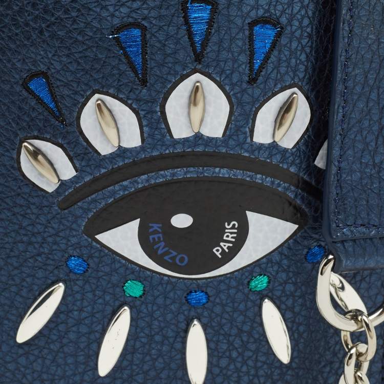 Pre Owned Kenzo Metallic Blue Leather Eye Studded Phone Crossbody Bag
