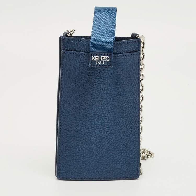 Pre Owned Kenzo Metallic Blue Leather Eye Studded Phone Crossbody Bag