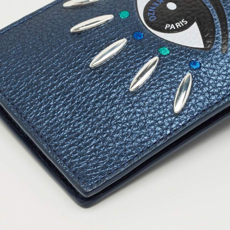 Pre Owned Kenzo Metallic Blue Leather Eye Studded Phone Crossbody Bag