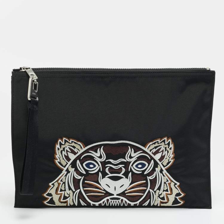 Pre Owned Kenzo Tiger Embroidered Black Nylon Flat Pouch 