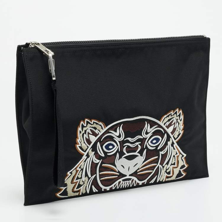 Pre Owned Kenzo Tiger Embroidered Black Nylon Flat Pouch 