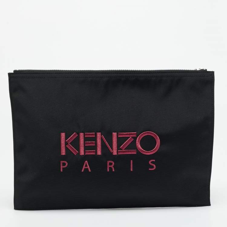 Pre Owned Kenzo Tiger Embroidered Black Nylon Flat Pouch 