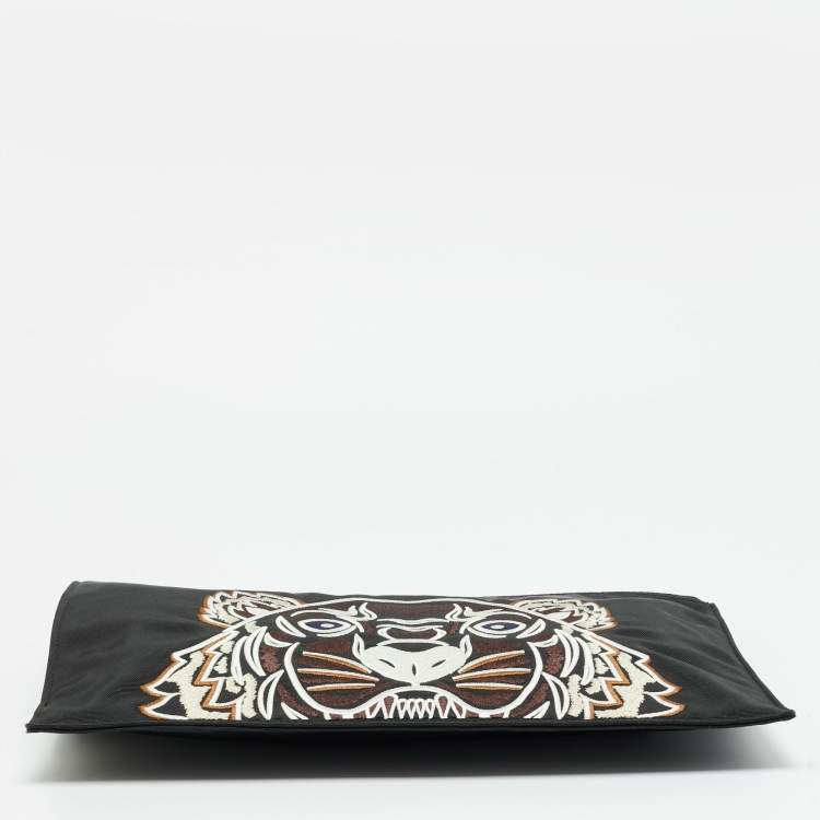 Pre Owned Kenzo Tiger Embroidered Black Nylon Flat Pouch 