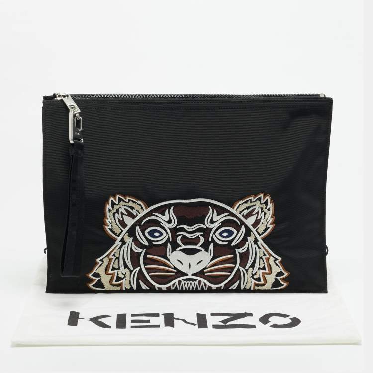 Pre Owned Kenzo Tiger Embroidered Black Nylon Flat Pouch 