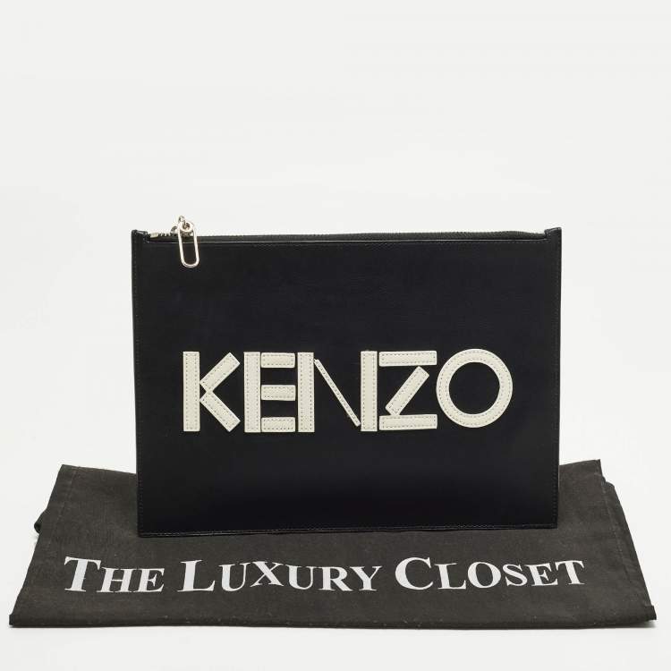 Pre Owned Kenzo Logo Black/White Leather Zipped Pouch