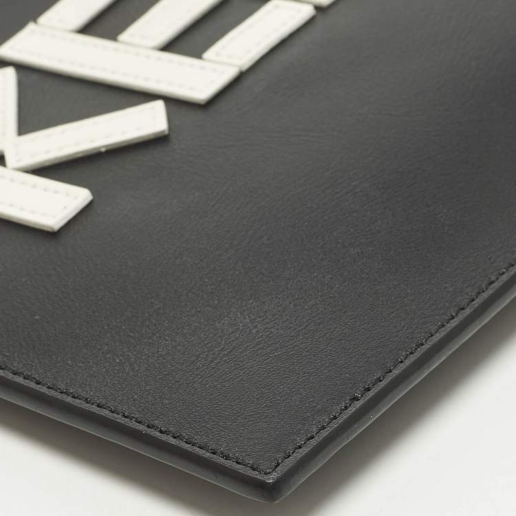 Pre Owned Kenzo Logo Black/White Leather Zipped Pouch