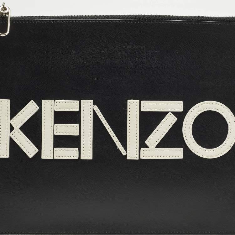 Pre Owned Kenzo Logo Black/White Leather Zipped Pouch