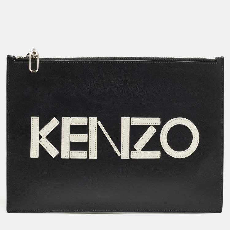 Pre Owned Kenzo Logo Black/White Leather Zipped Pouch