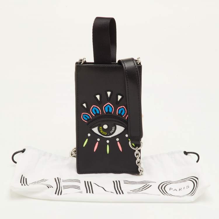 Pre Owned Kenzo Black Leather Eye Embroidered Phone Crossbody Bag