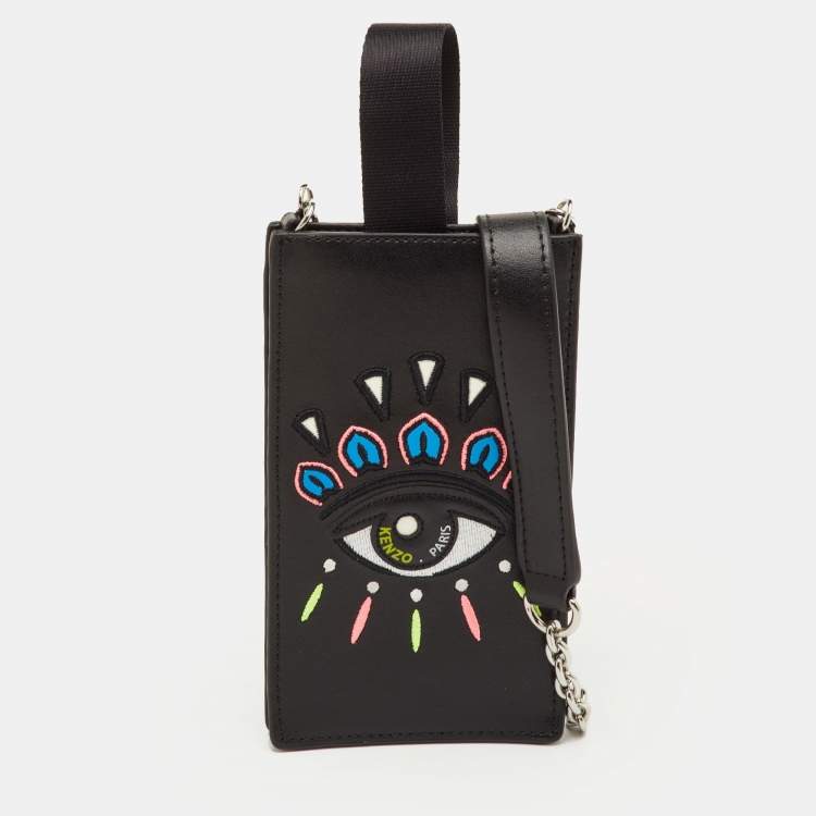 Pre Owned Kenzo Black Leather Eye Embroidered Phone Crossbody Bag