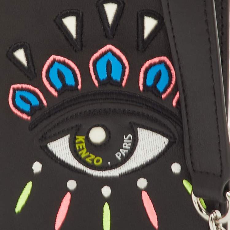 Pre Owned Kenzo Black Leather Eye Embroidered Phone Crossbody Bag