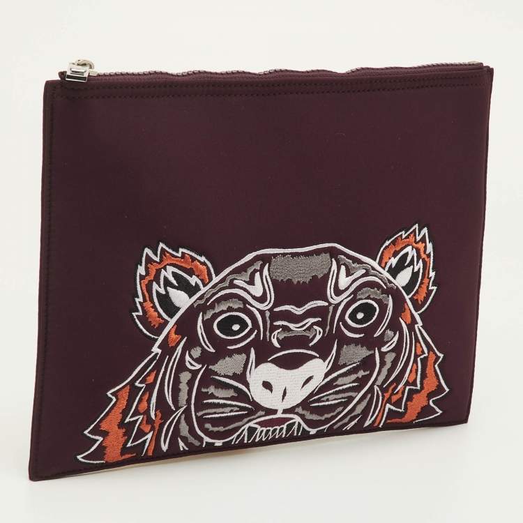 Pre Owned Kenzo Tiger Embroidered Burgundy Neoprene Zip Pouch Clutch